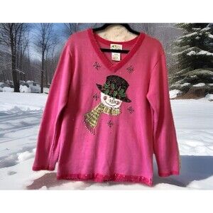 Quacker‎ Factory Sweater Size M Pink Snowman Sequins Long Sleeve Beaded Holidays